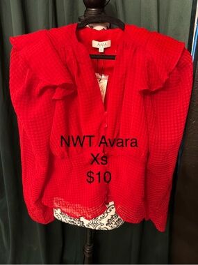 New With Tags Avara  Red Ruffle-Trim Button Blouse